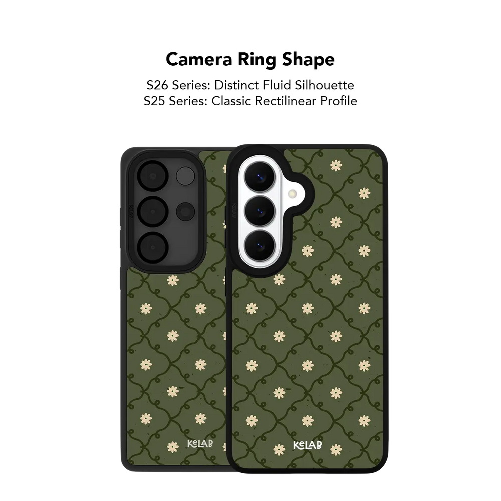 moss green daisy trellis floral print Samsung Galaxy phone case, Bold finish – camera ring cutout shape detail