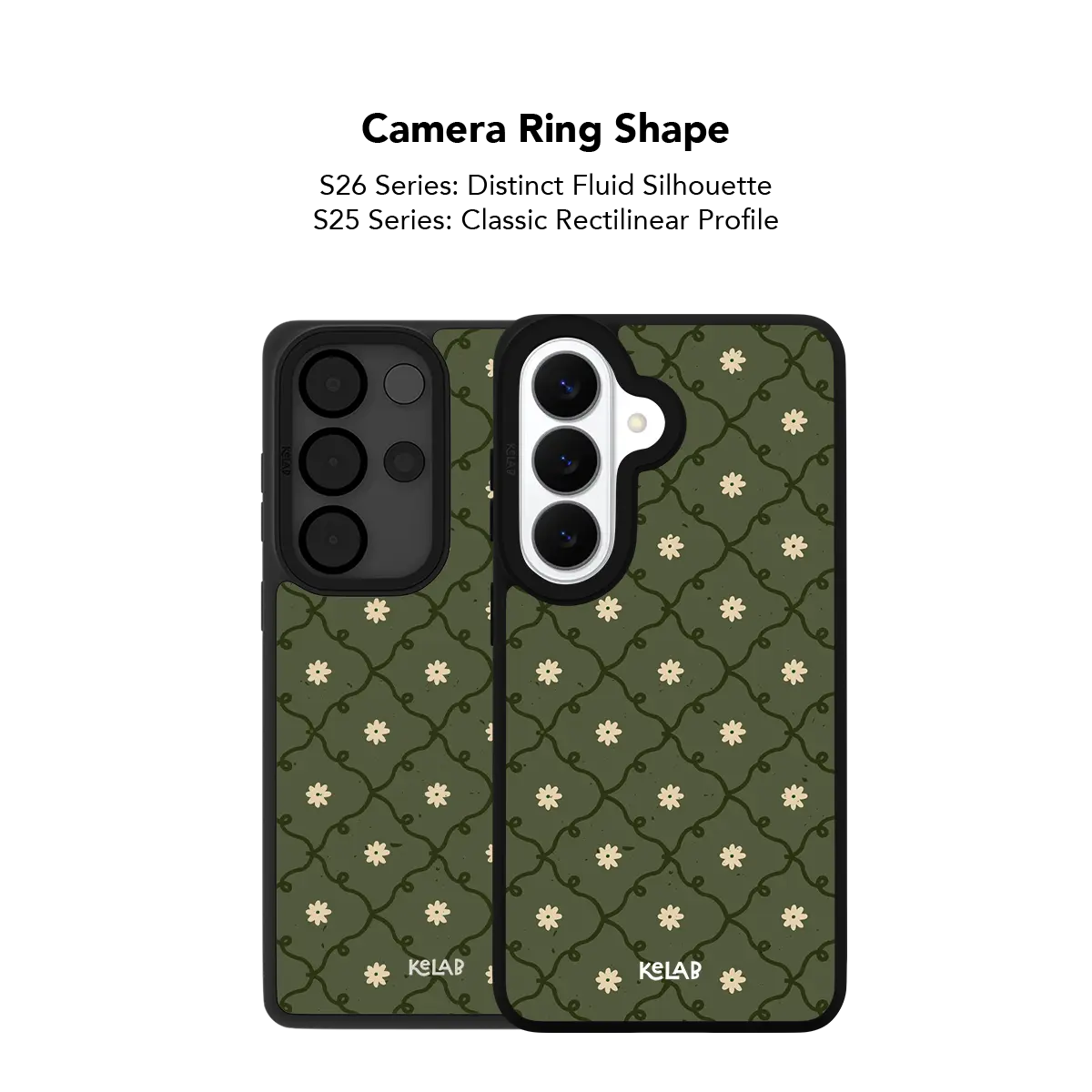 moss green daisy trellis floral print Samsung Galaxy phone case, Bold finish – camera ring cutout shape detail