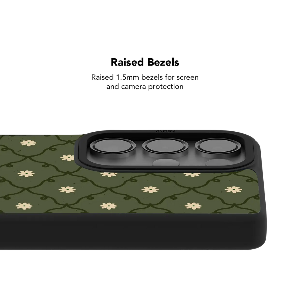 moss green daisy trellis floral print Samsung Galaxy phone case, Bold finish – raised bezel with camera protection
