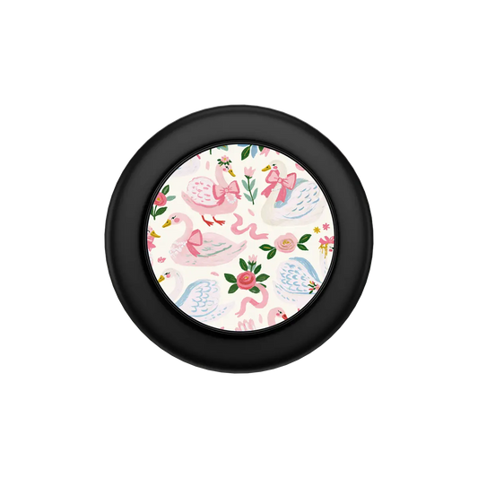 Pink Swan MagSafe grip — Black, flat closed top-down view showing collapsed profile