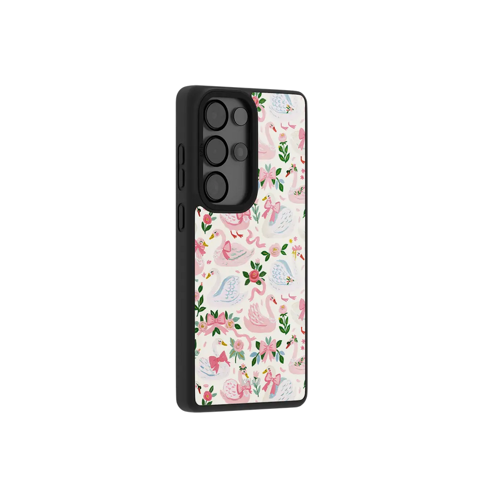 Pink Swan Samsung case — side angle showing the full body wrap and button cutouts up close