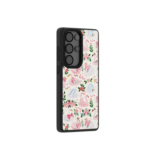 Pink Swan Samsung case — side angle showing the full body wrap and button cutouts up close