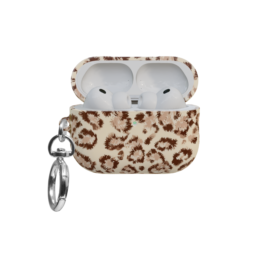 Caramel Cheetah airpods pro case front view with open lid and keychain