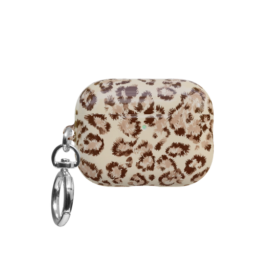 Caramel Cheetah airpods pro case front view with closed lid and keychain
