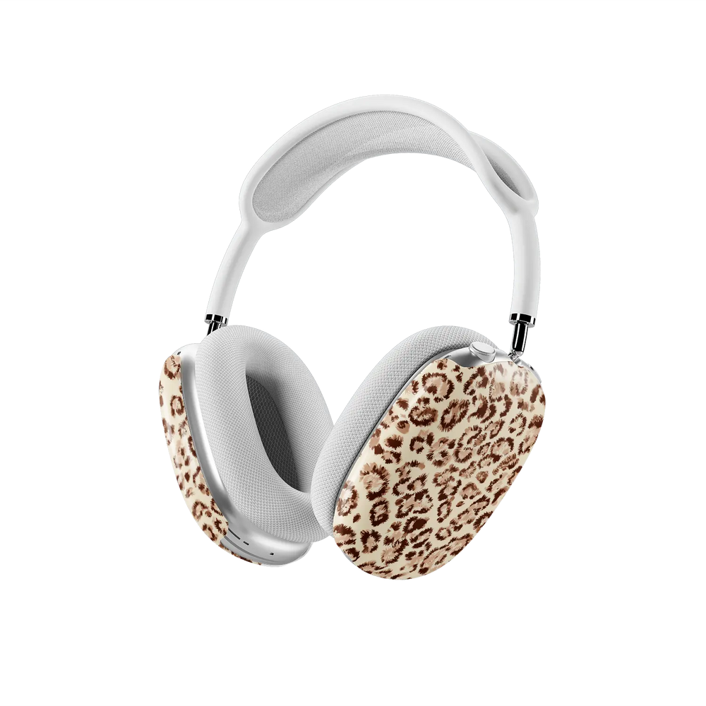 Caramel Cheetah AirPods Max case — angled three-quarter view showing the snap-fit shell