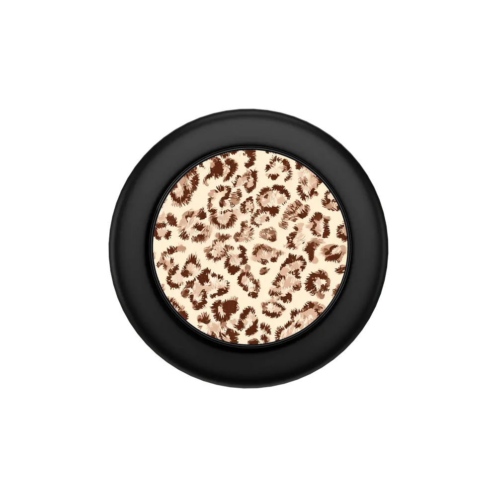 Caramel Cheetah MagSafe grip — Black, flat closed top-down view showing collapsed profile