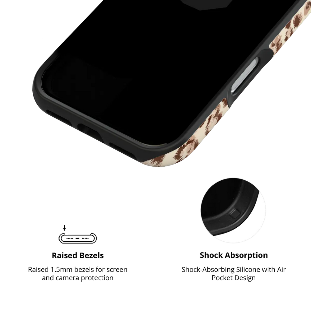 Caramel Cheetah iPhone case — Tough, raised bezel and shock-absorbing liner protection detail