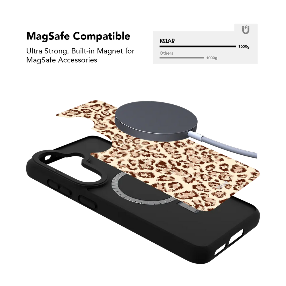 Caramel Cheetah Samsung case — MagSafe magnet compatibility and attachment strength demonstration
