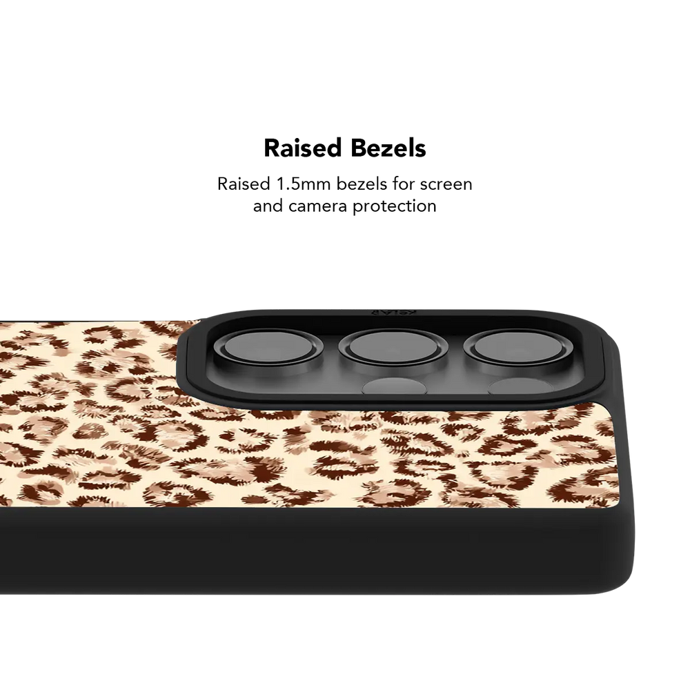 Caramel Cheetah Samsung case — raised bezel and camera lens protection detail close-up view