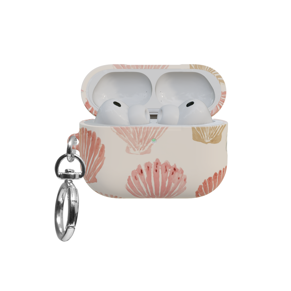 Pink Seashell airpods pro case front view with open lid and keychain