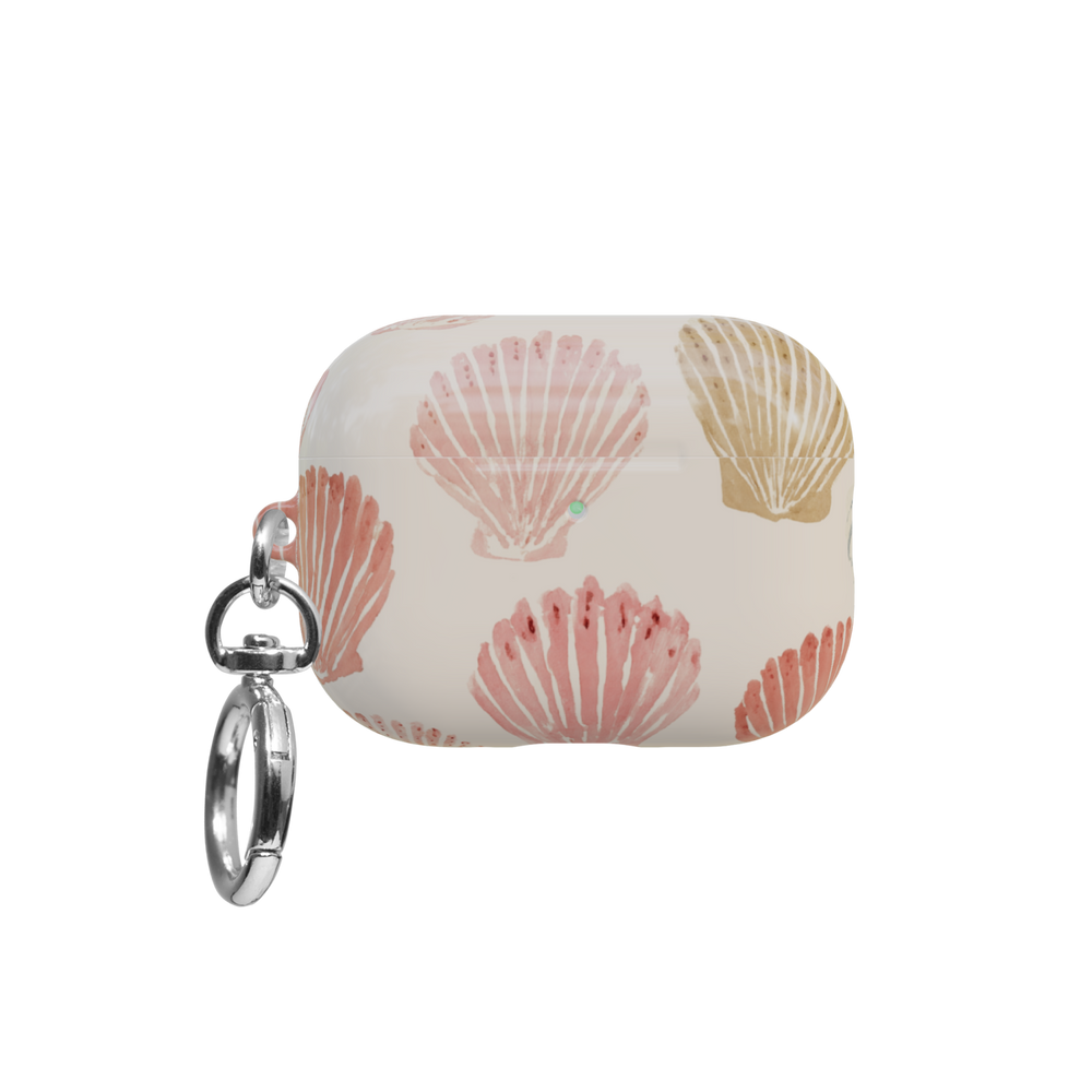 Pink Seashell airpods pro case front view with closed lid and keychain