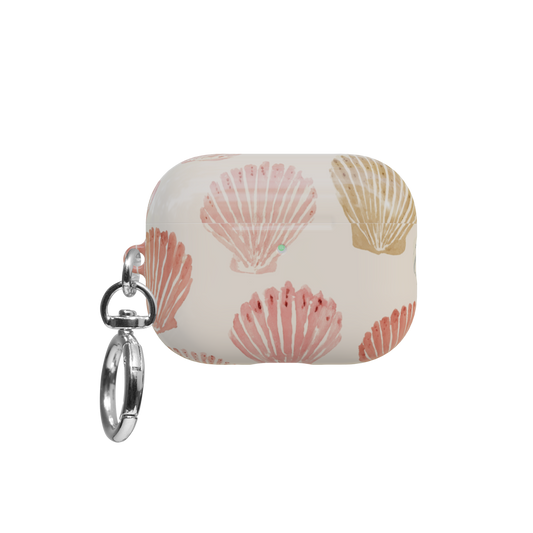 Pink Seashell airpods pro case front view with closed lid and keychain