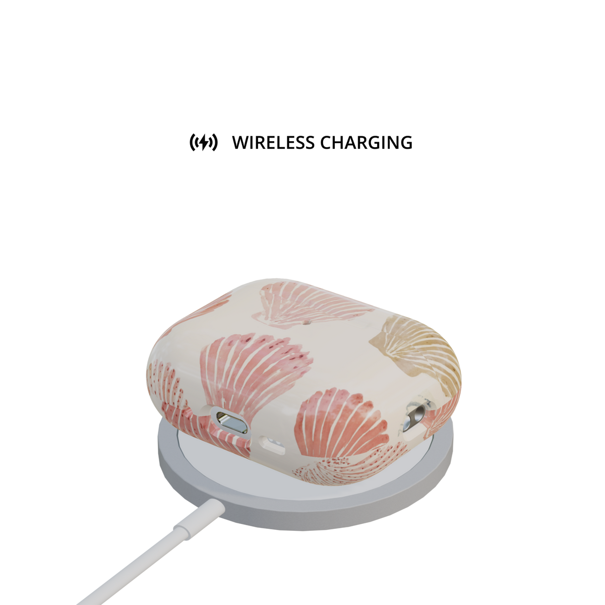 Pink Seashell airpods pro case on wireless charger wireless charging compatible