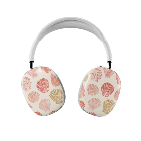 Pink Seashell AirPods Max case — front view showing both earcup covers in coral pink and tan scallop shells