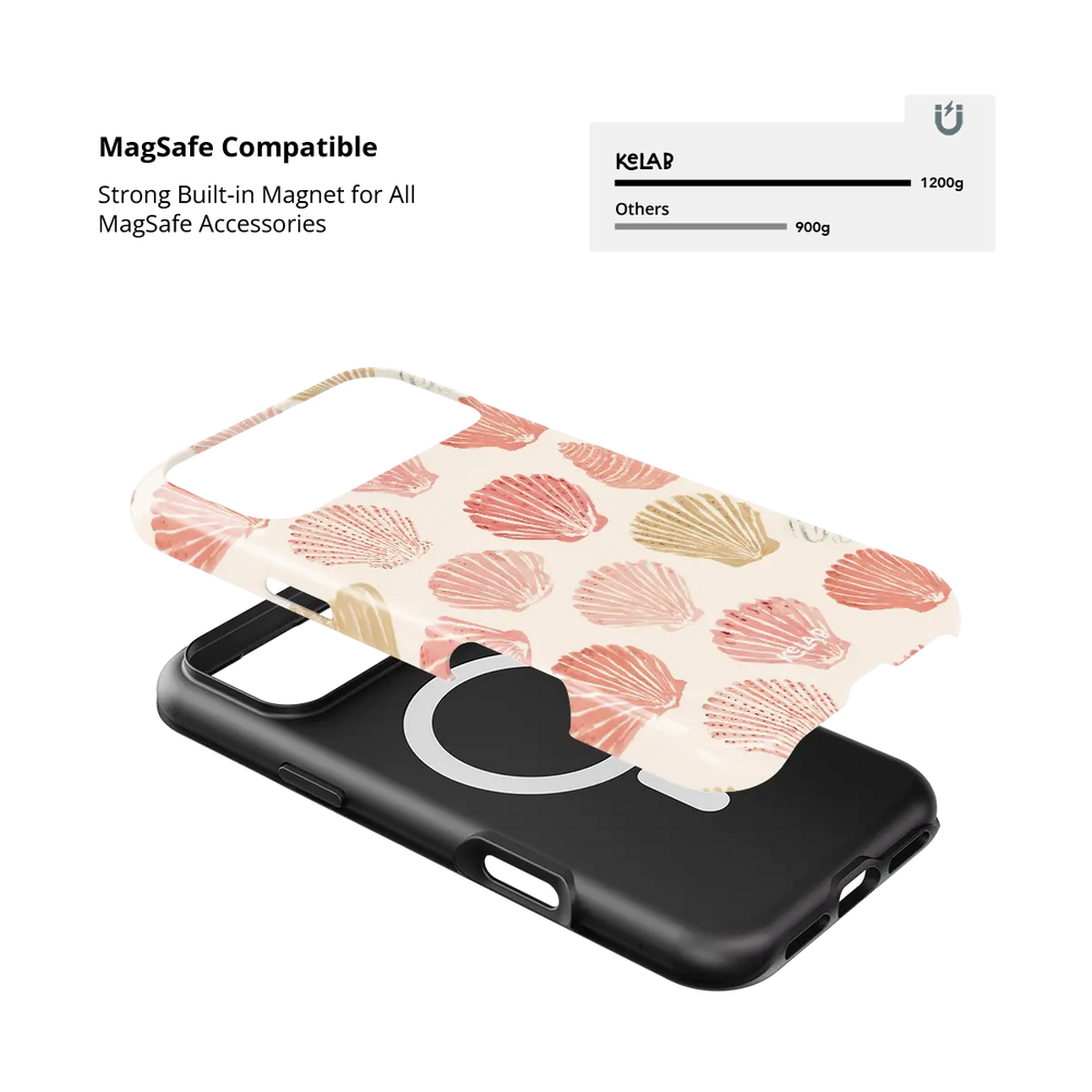 Pink Seashell iPhone case — Tough, MagSafe magnet compatibility strength demonstration