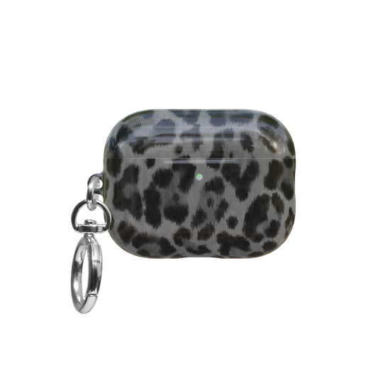 Gray Cheetah airpods pro case front view with closed lid and keychain