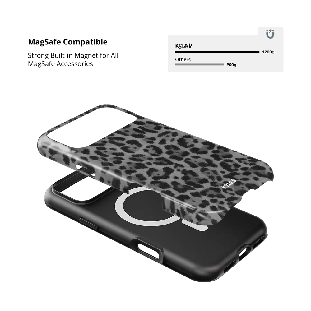 Gray Cheetah iPhone case — Tough, MagSafe magnet compatibility strength demonstration