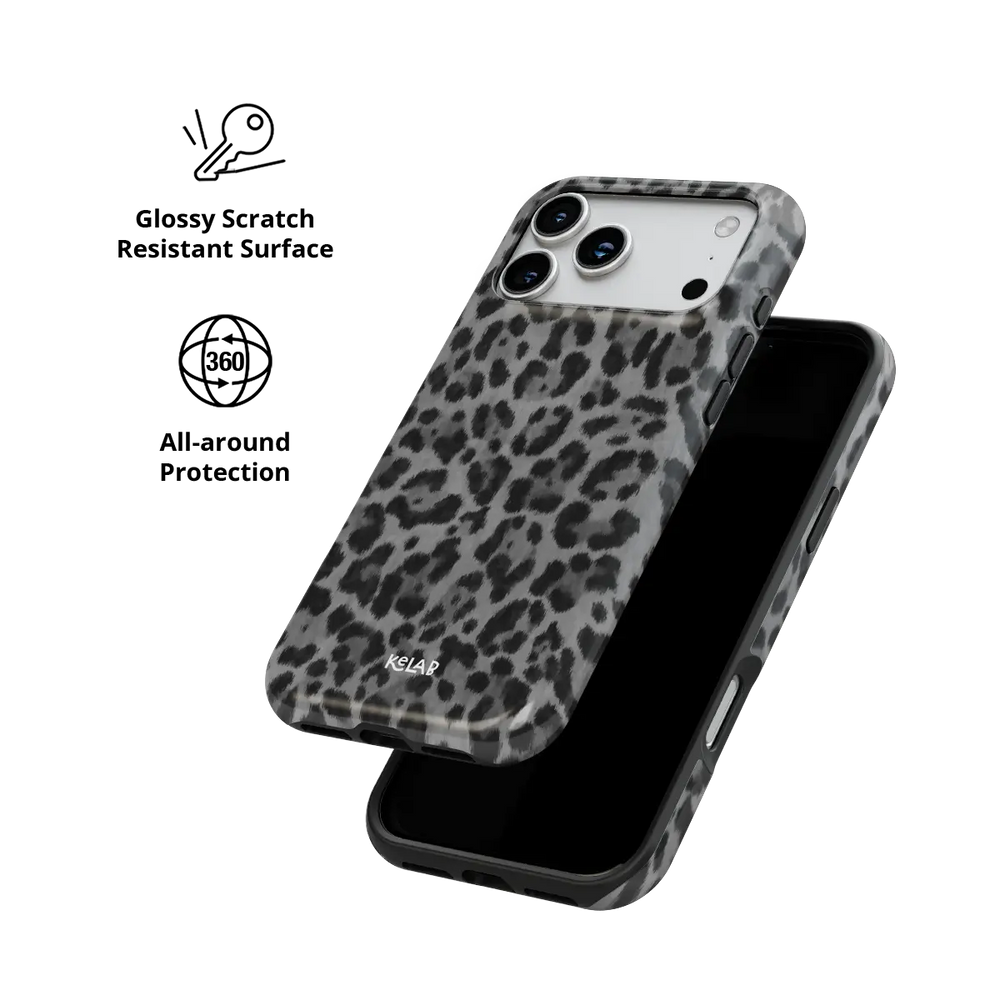 Gray Cheetah iPhone case — Tough, scratch resistant polycarbonate shell protection detail