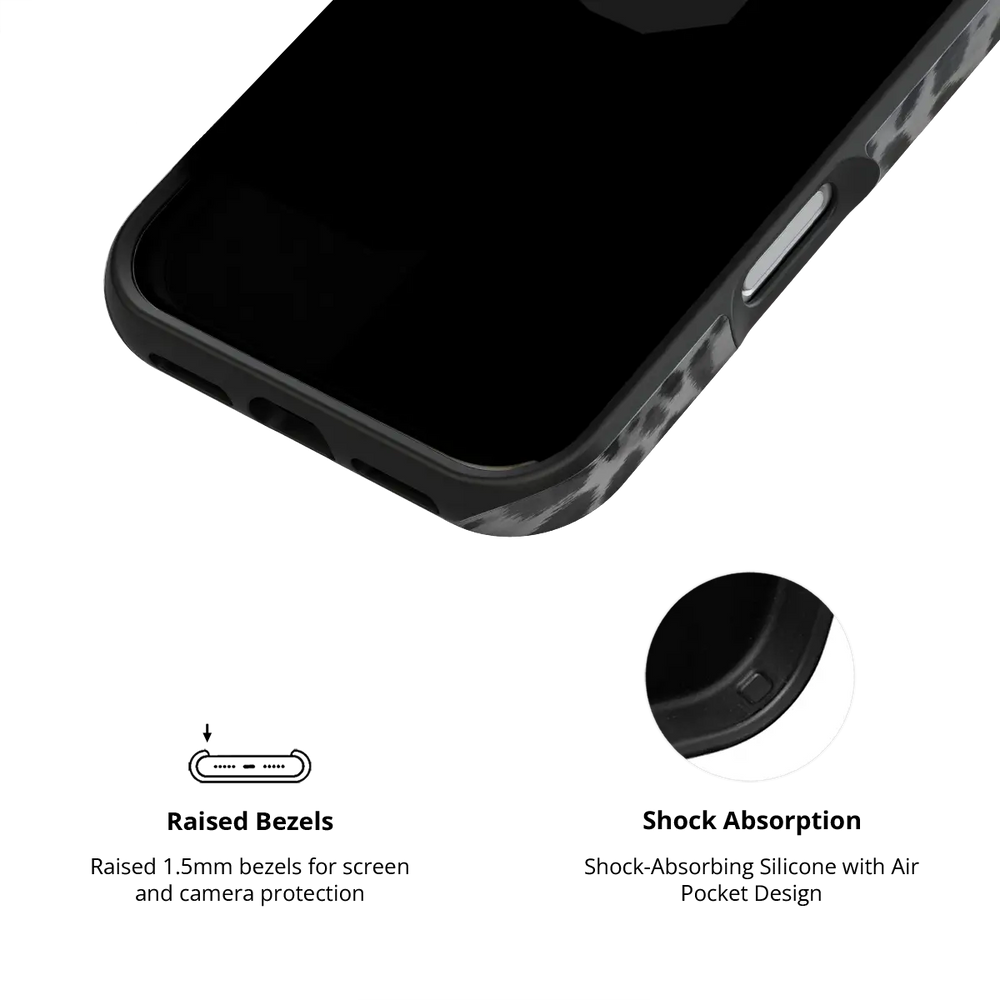 Gray Cheetah iPhone case — Tough, raised bezel and shock-absorbing liner protection detail