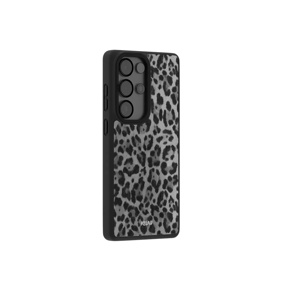 Gray Cheetah Samsung case — side angle showing the full body wrap and button cutouts up close