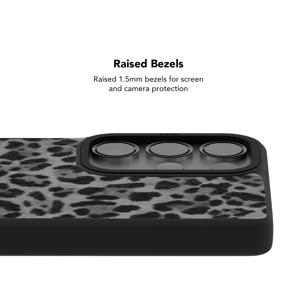 Gray Cheetah Samsung case — raised bezel and camera lens protection detail close-up view