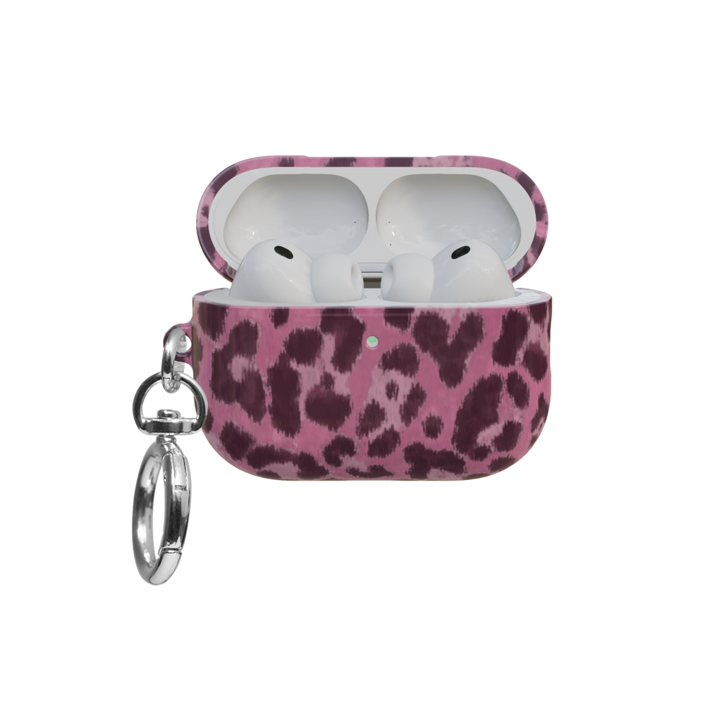 Pink Cheetah airpods pro case front view with open lid and keychain