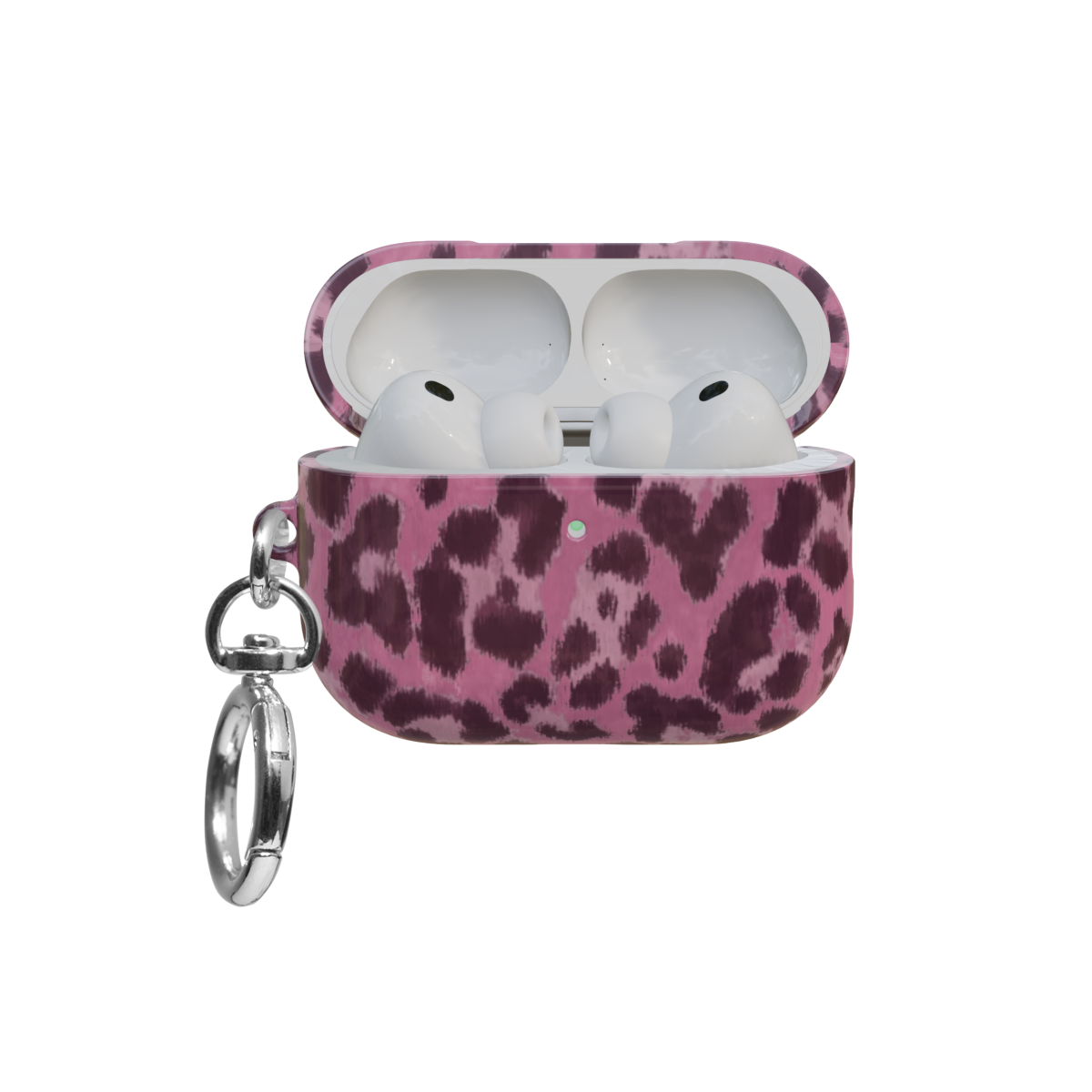 Pink Cheetah airpods pro case front view with open lid and keychain