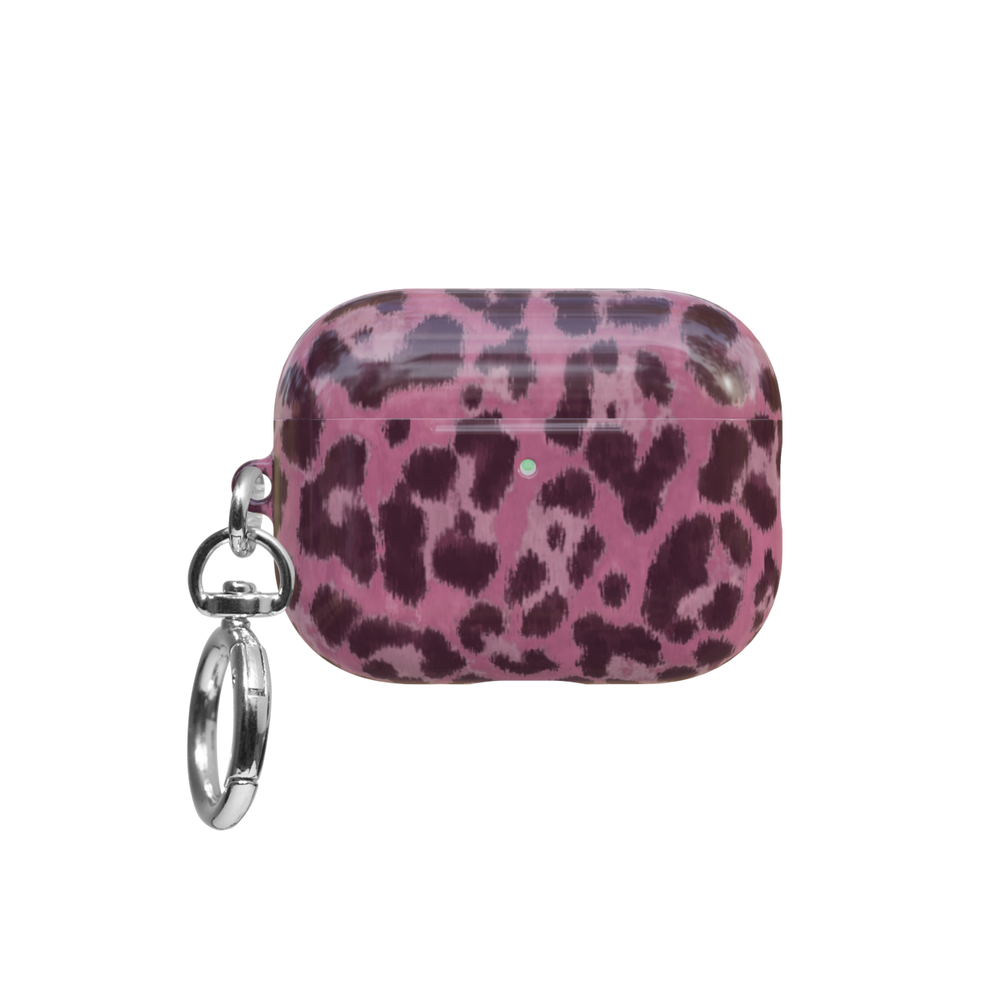 Pink Cheetah airpods pro case front view with closed lid and keychain