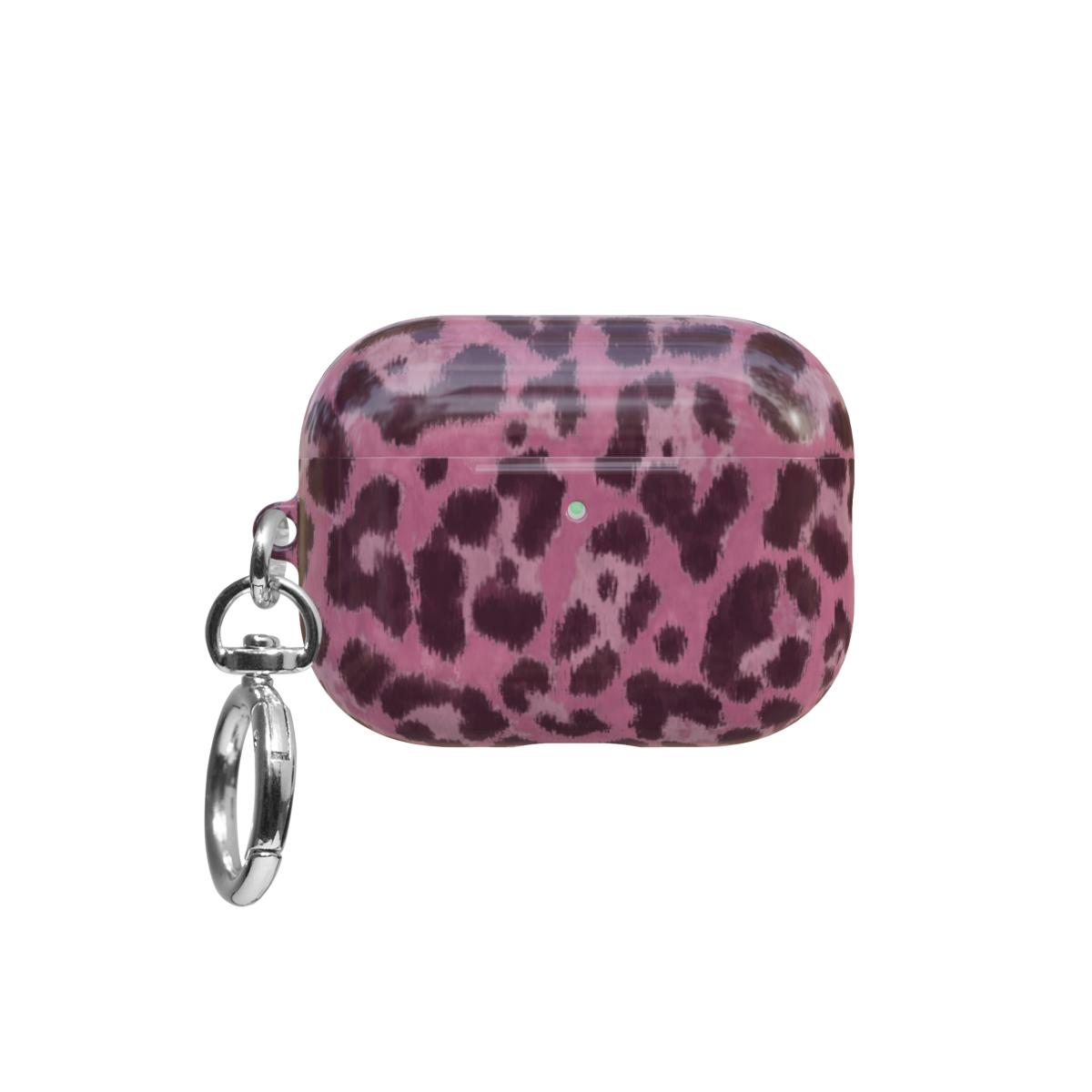Pink Cheetah airpods pro case front view with closed lid and keychain