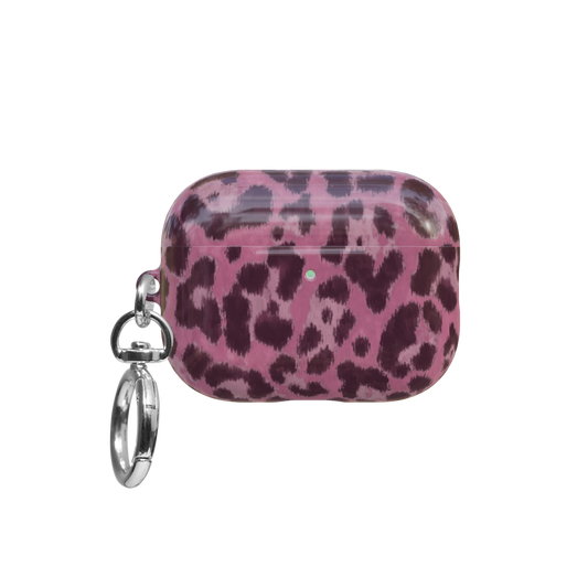Pink Cheetah airpods pro case front view with closed lid and keychain