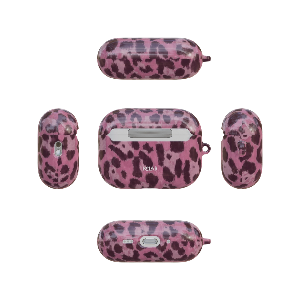 Pink Cheetah airpods pro case back and four sides flat lay view