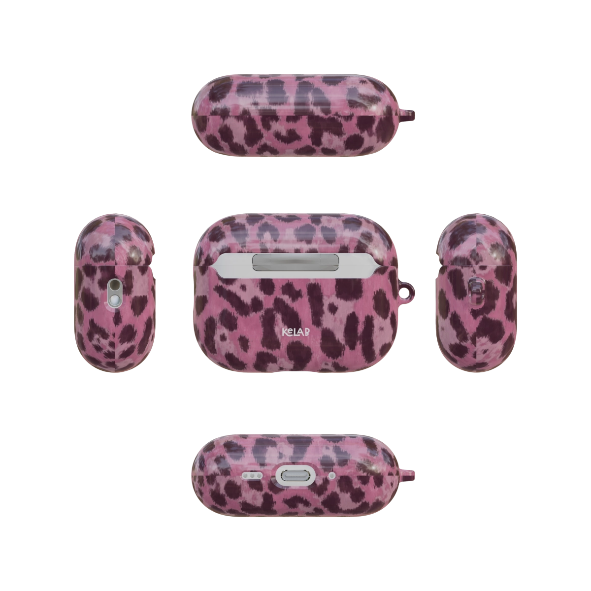 Pink Cheetah airpods pro case back and four sides flat lay view