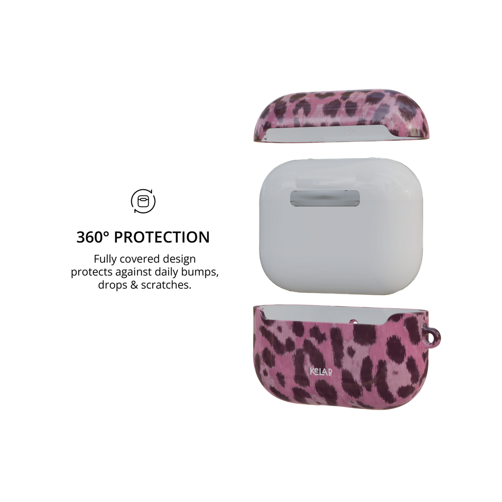 Pink Cheetah airpods pro case exploded view with 360 degree protection