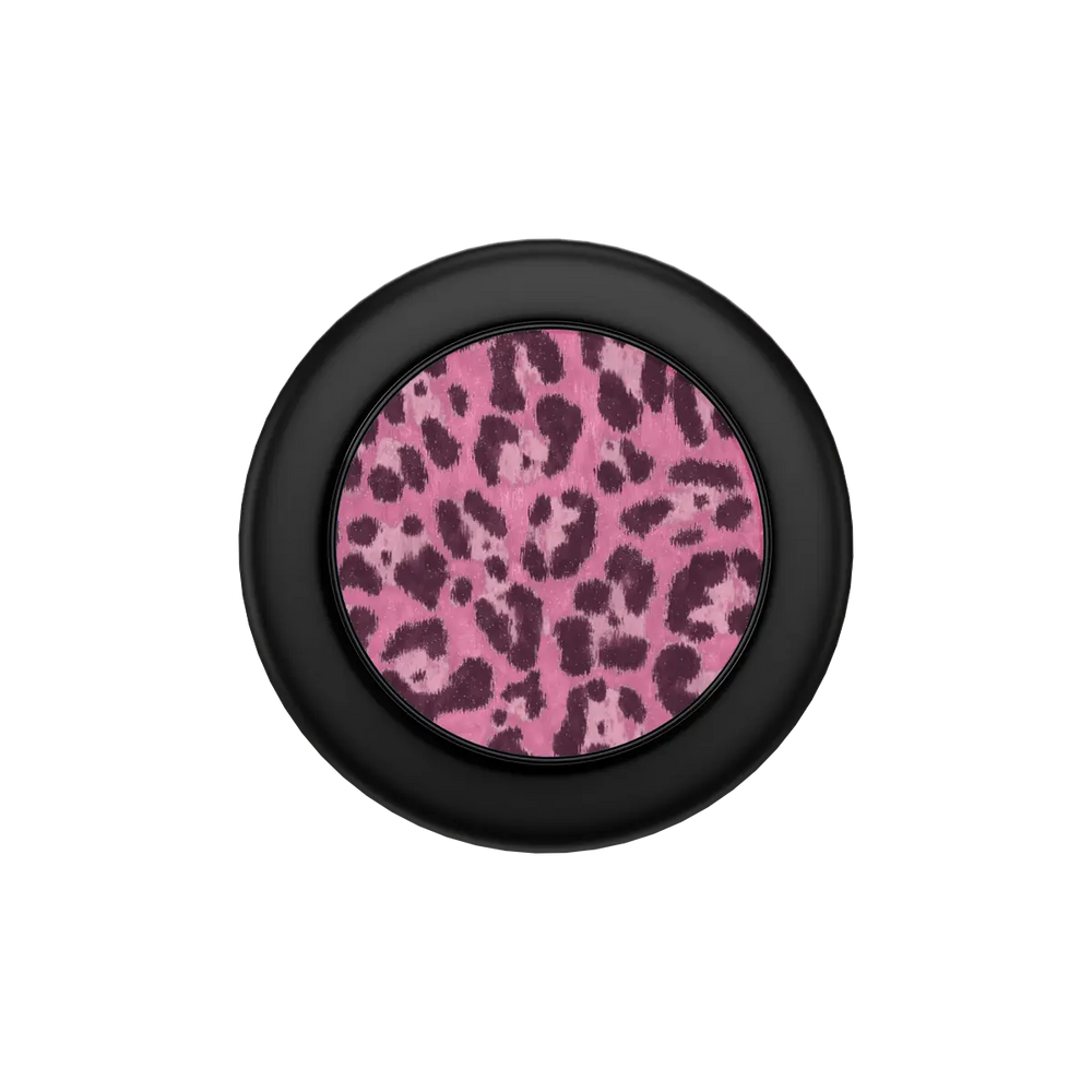 Hot Pink Cheetah MagSafe grip — Black, flat closed top-down view showing collapsed profile