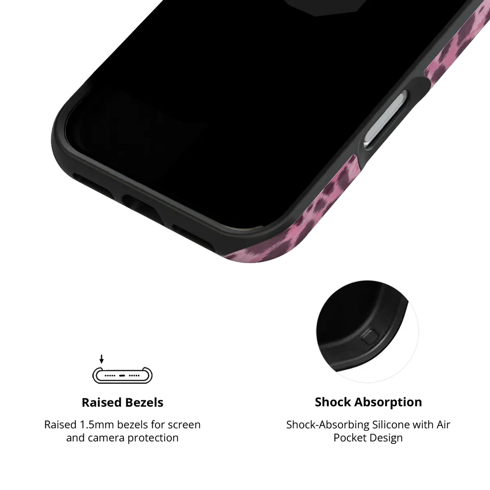 Hot Pink Cheetah iPhone case — Tough, raised bezel and shock-absorbing liner protection detail