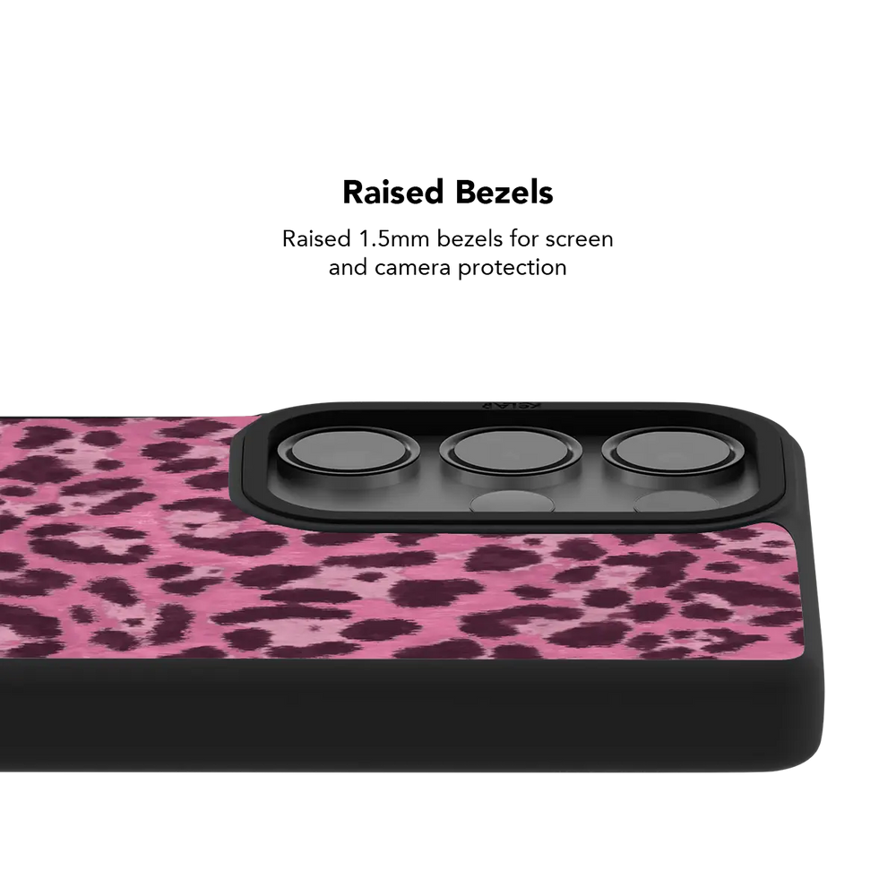 Hot Pink Cheetah Samsung case — raised bezel and camera lens protection detail close-up view