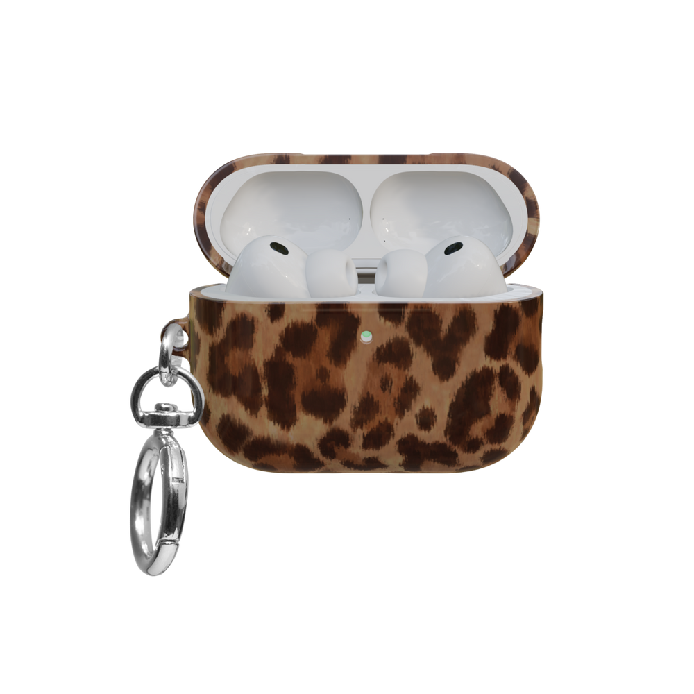 Brown Toffee Cheetah airpods pro case front view with open lid and keychain
