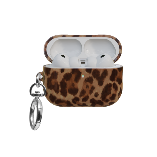 Brown Toffee Cheetah airpods pro case front view with open lid and keychain