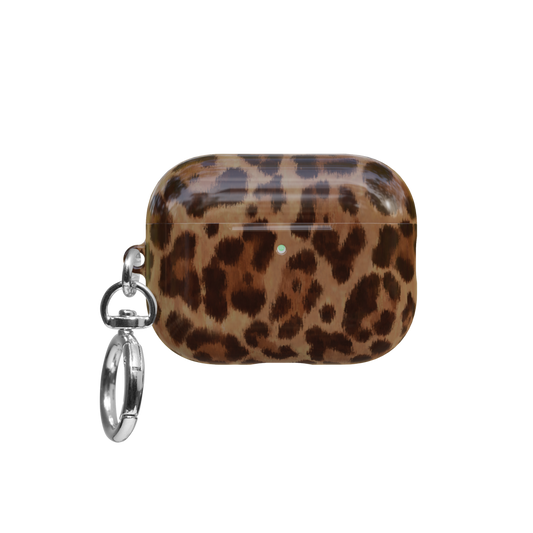 Brown Toffee Cheetah airpods pro case front view with closed lid and keychain