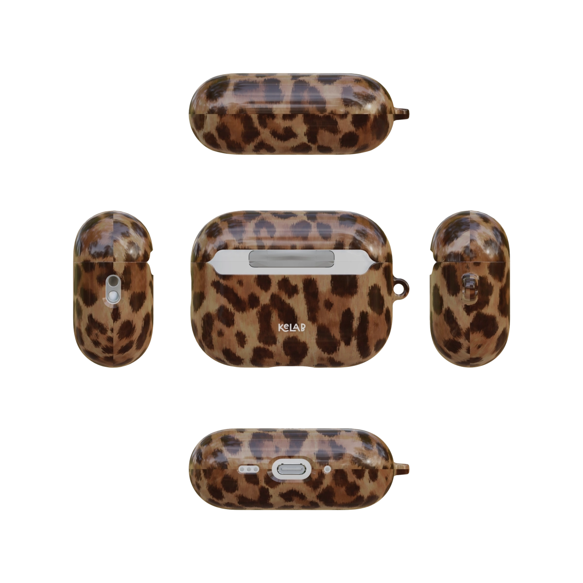 Brown Toffee Cheetah airpods pro case back and four sides flat lay view