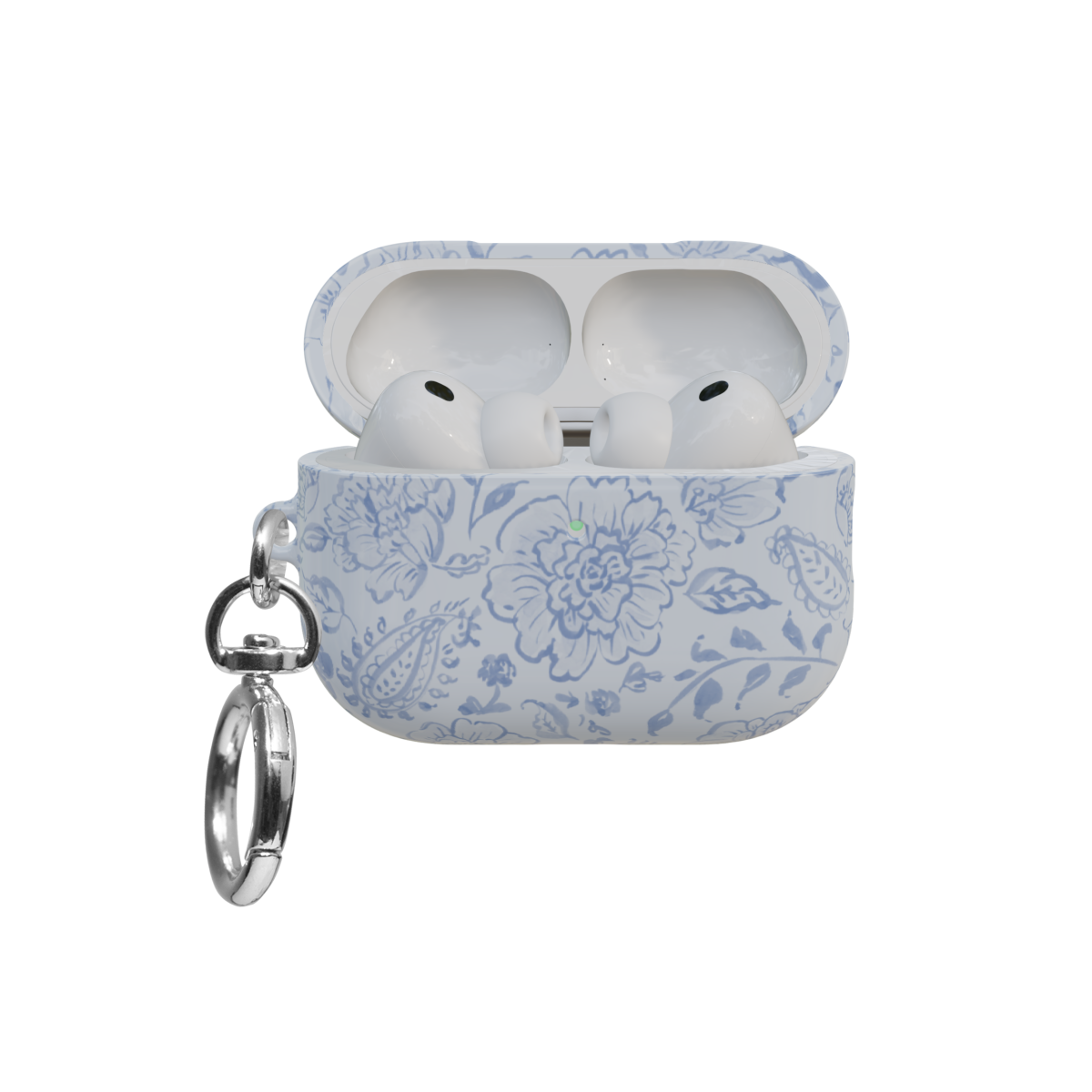 Dusty Blue Toile Paisley Floral airpods pro case front view with open lid and keychain