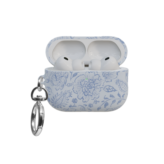 Dusty Blue Toile Paisley Floral airpods pro case front view with open lid and keychain