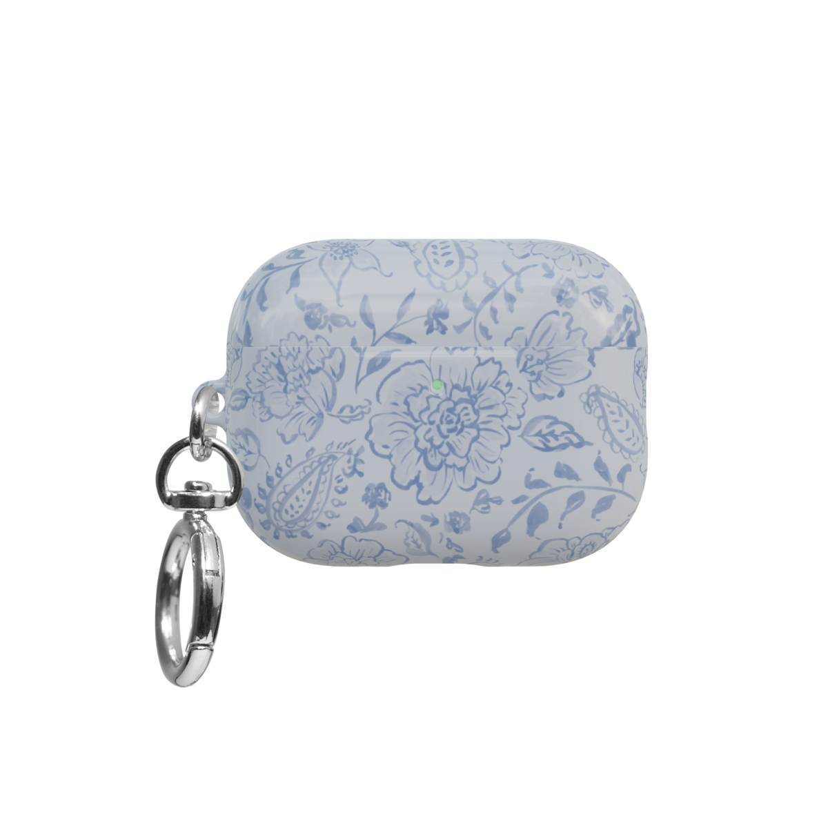 Dusty Blue Toile Paisley Floral airpods pro case front view with closed lid and keychain