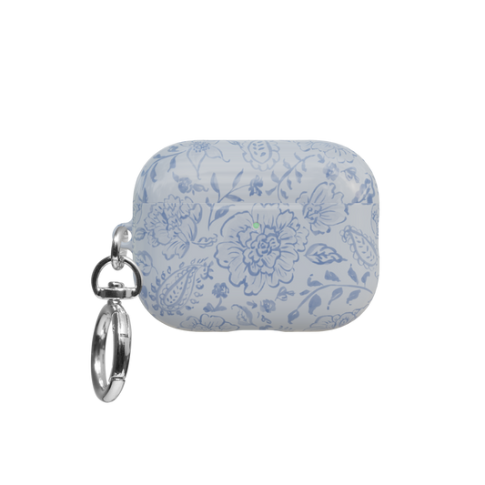 Dusty Blue Toile Paisley Floral airpods pro case front view with closed lid and keychain