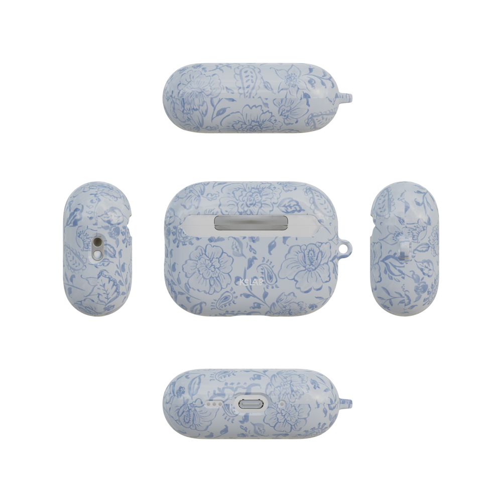 Dusty Blue Toile Paisley Floral airpods pro case back and four sides flat lay view