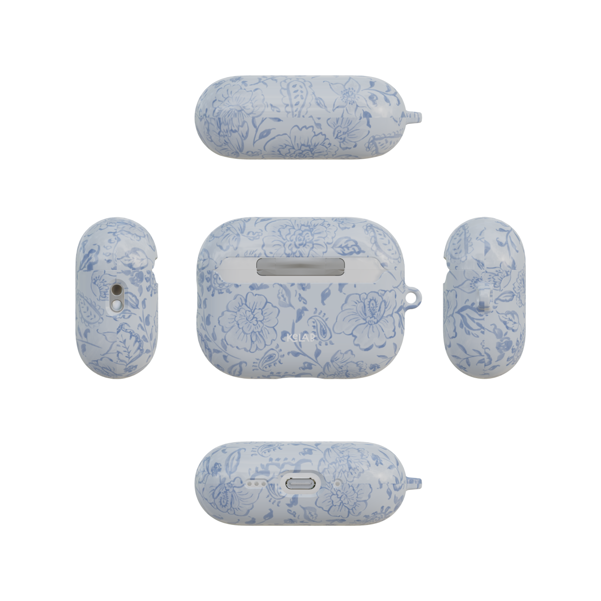Dusty Blue Toile Paisley Floral airpods pro case back and four sides flat lay view
