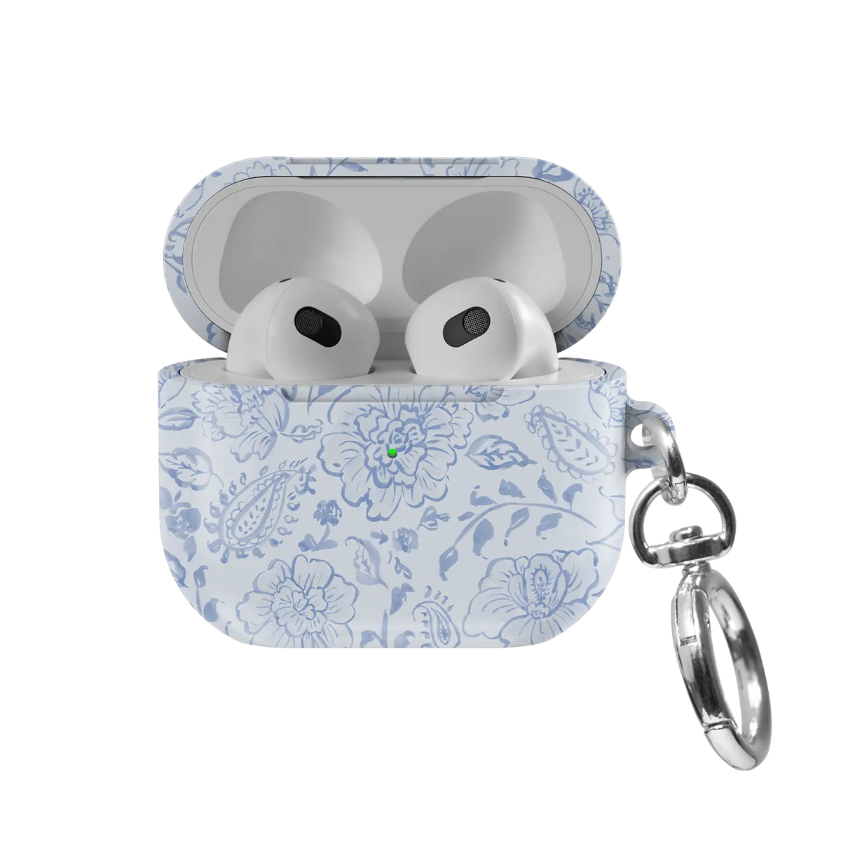 Blue Willow AirPods case — front view with open lid showing dusty blue toile paisley floral print on ivory ground