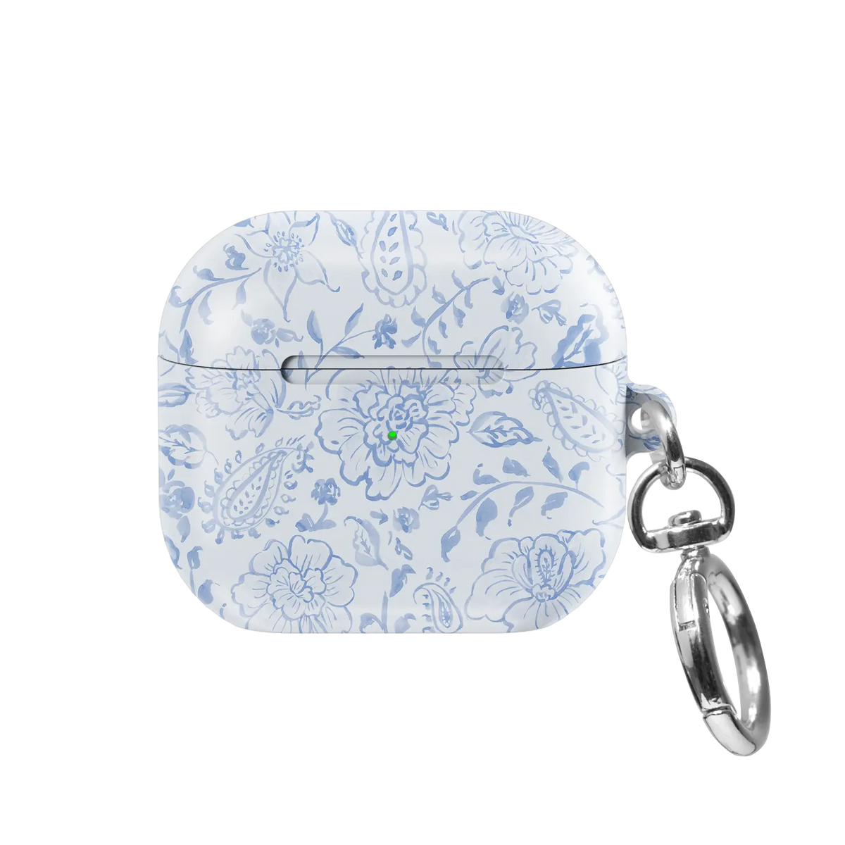 Blue Willow AirPods case — front side view showing full paisley floral print coverage