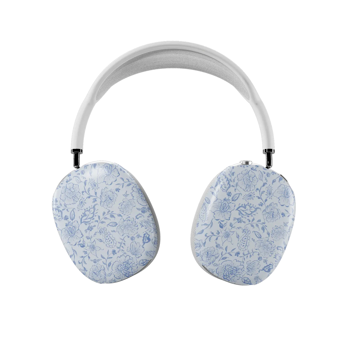 Blue Willow AirPods Max case — front view of both ear cups showing dusty blue toile paisley floral print on ivory ground