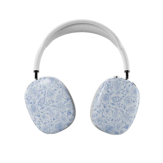 Blue Willow AirPods Max case — front view of both ear cups showing dusty blue toile paisley floral print on ivory ground